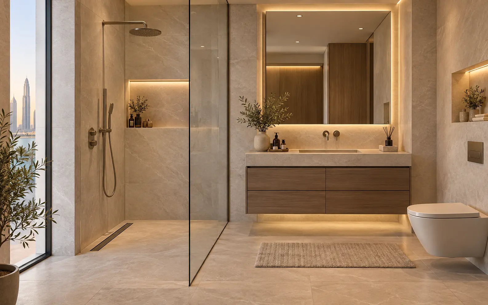 Concept wet-room bathroom with a glazed shower and linear drain