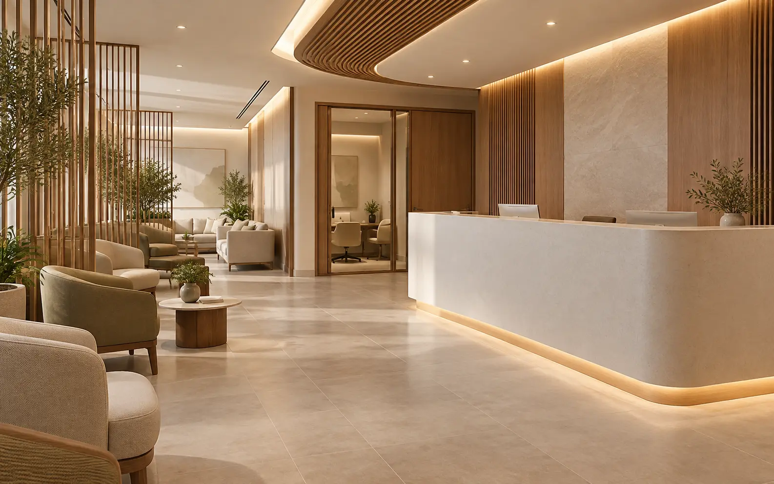 Concept clinic reception with a curved counter and screened waiting seats