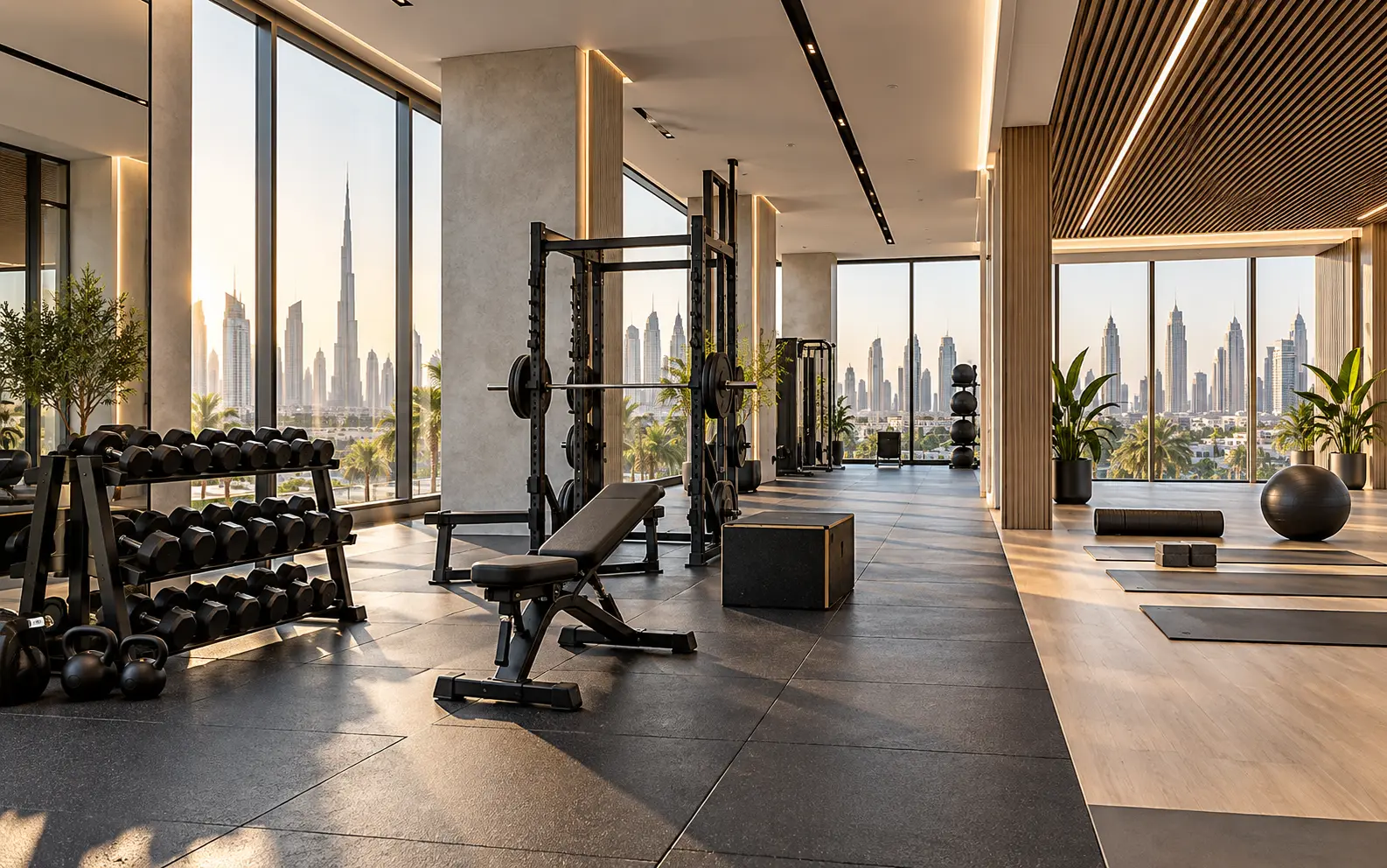 Concept fitness studio with free weights, resilient flooring and stretching space