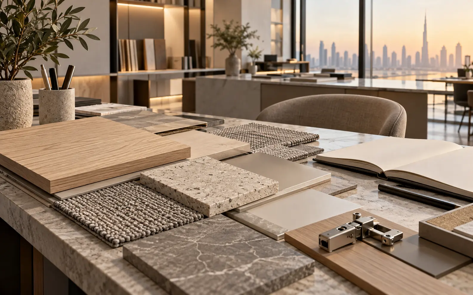 Interior specification samples of wood, stone, carpet and cabinet hardware