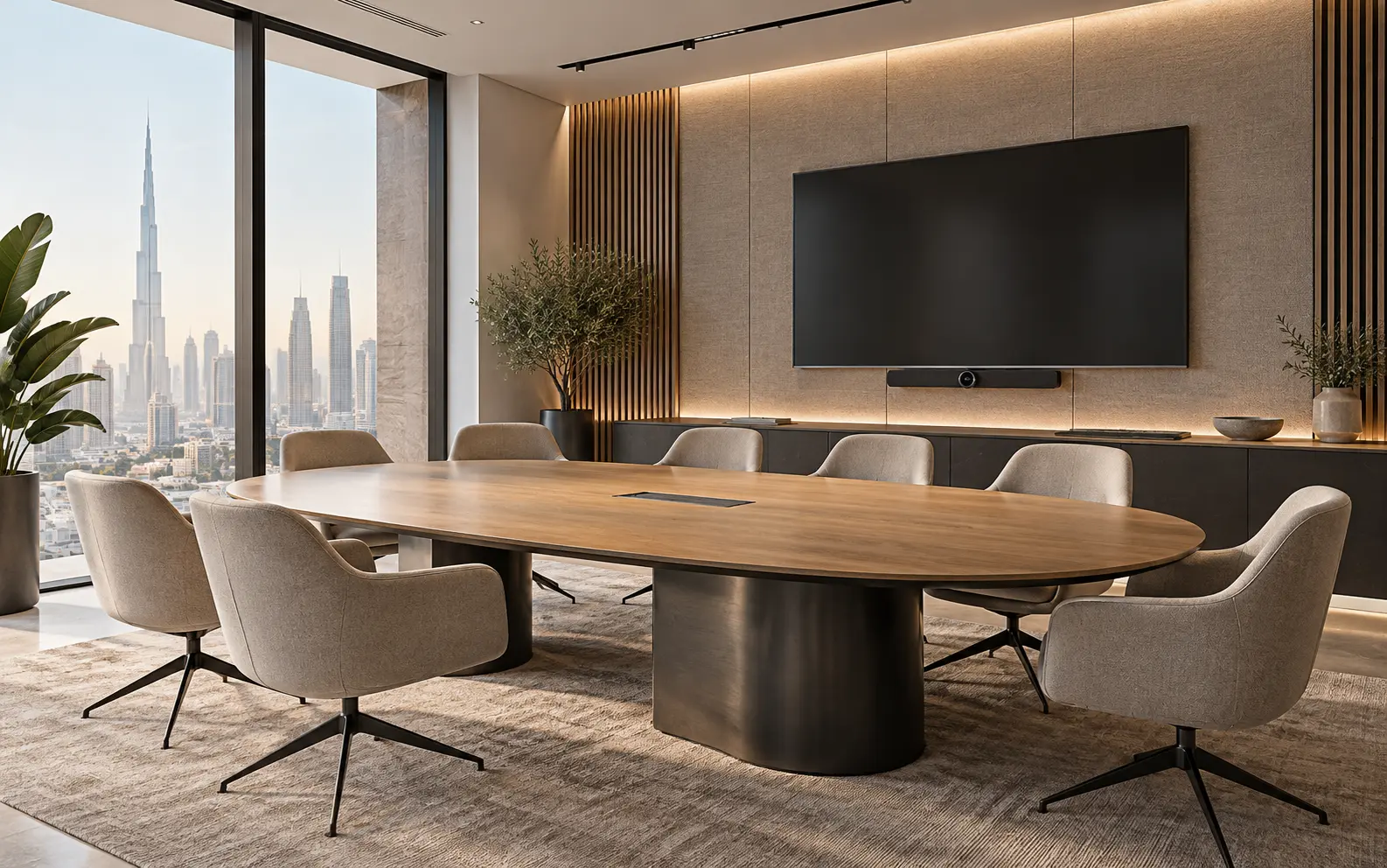 Concept meeting room with integrated display, camera bar and a table cable hatch
