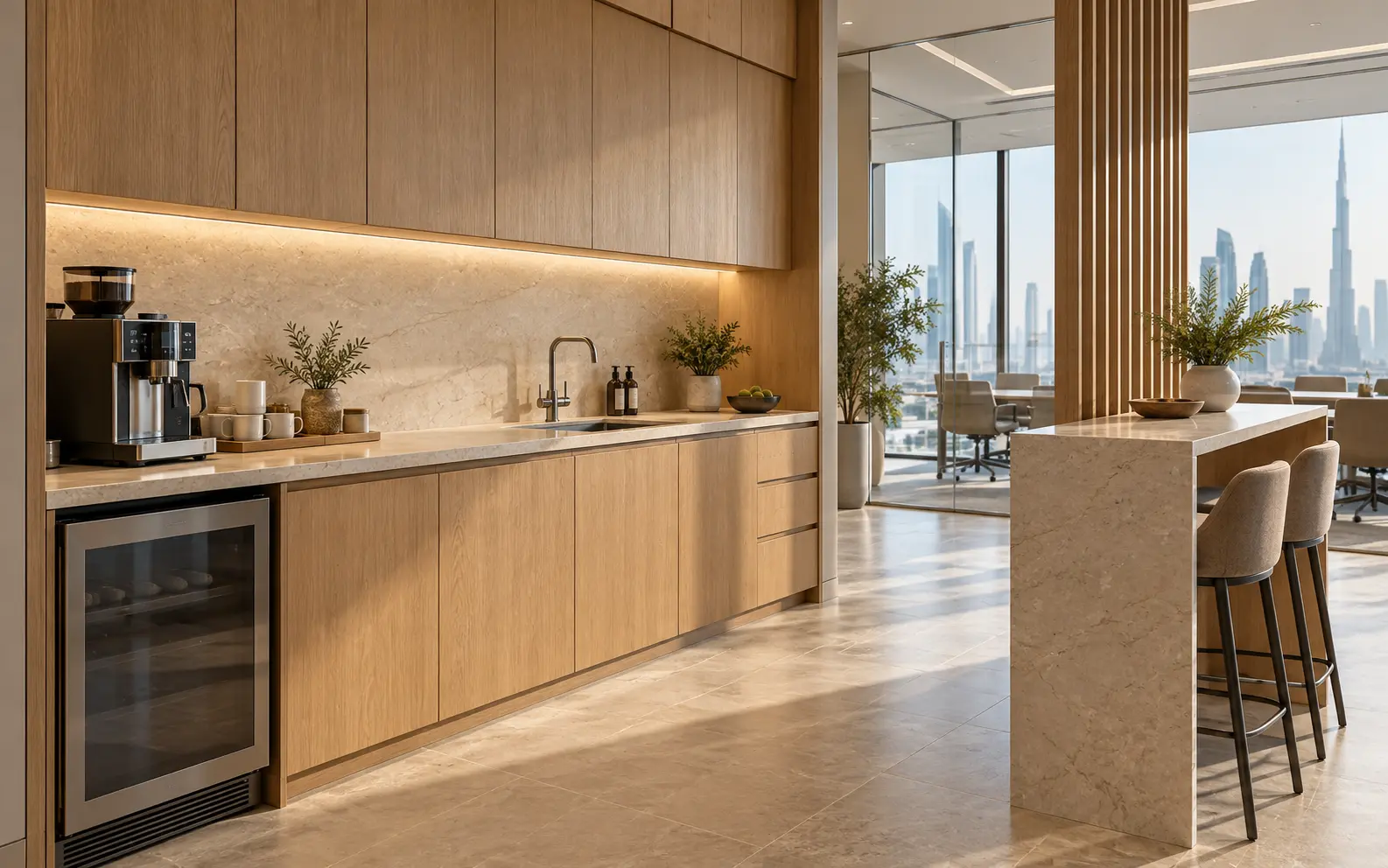 Concept office pantry with oak cabinets, a sink and coffee preparation space