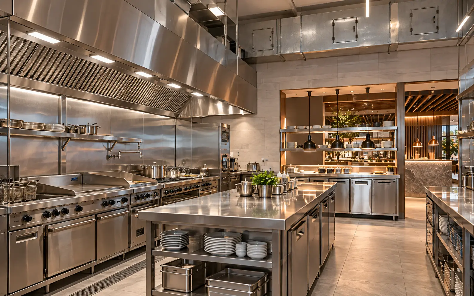 Concept restaurant kitchen with stainless workstations and an extraction canopy