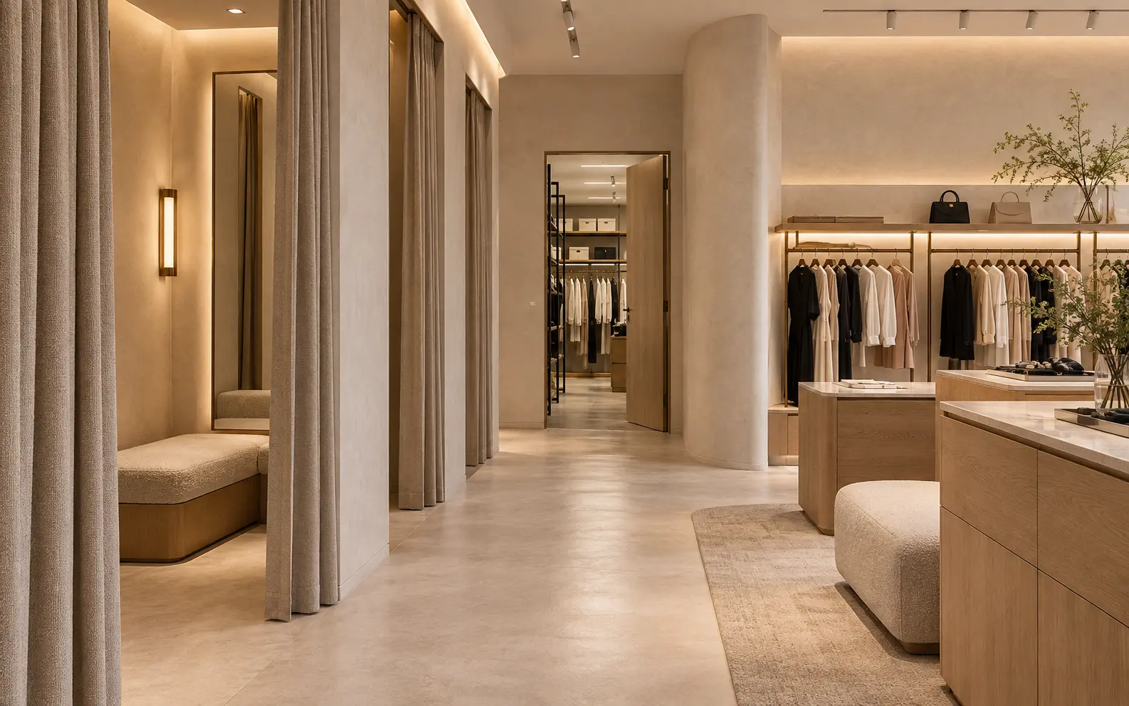 Concept fashion boutique with fitting rooms and a separate storage area