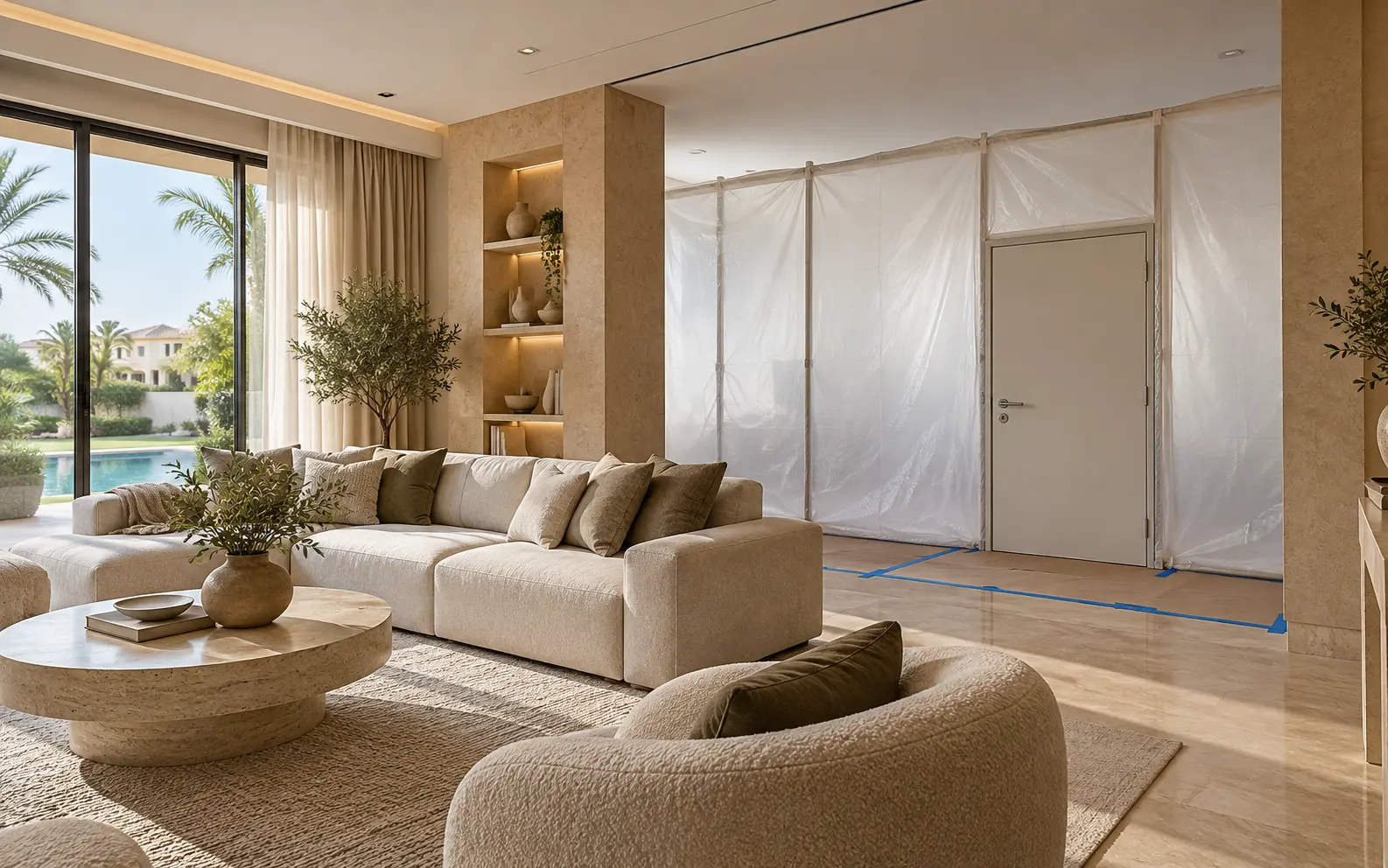 Concept villa living room separated from renovation works by a temporary partition