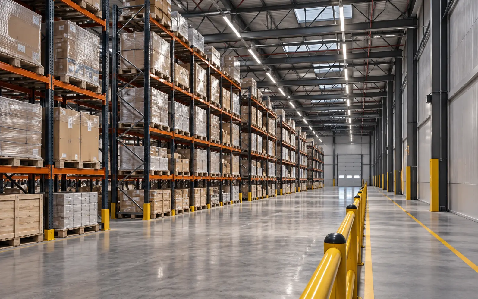 Concept warehouse with racking, overhead lighting and a barrier-separated walkway