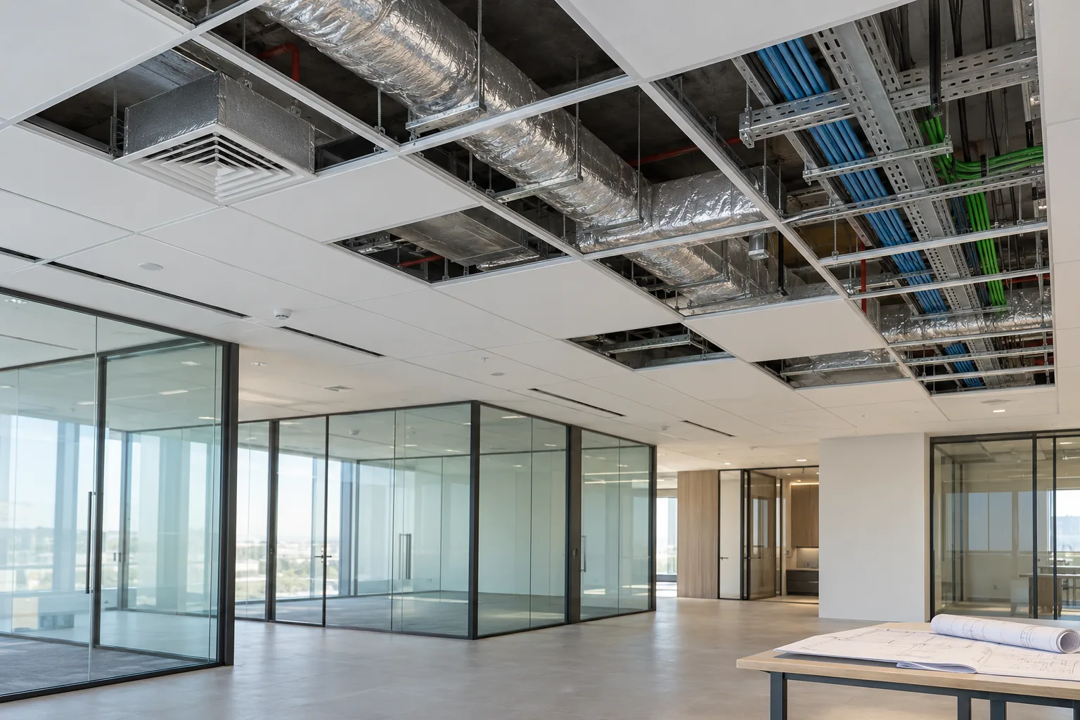 Illustrative office fit-out ceiling with open tile bays revealing ductwork and cable trays