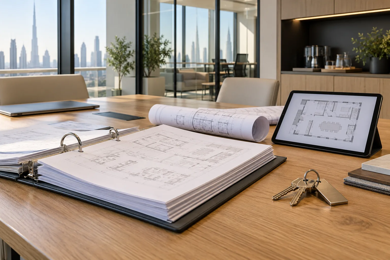 Illustrative handover binder, drawing sheets, tablet and keys on an office table