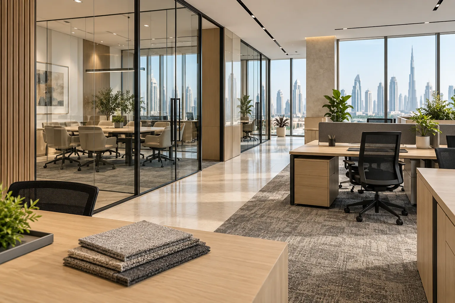 Office concept with retained glass meeting-room partitions and carpet samples on a desk