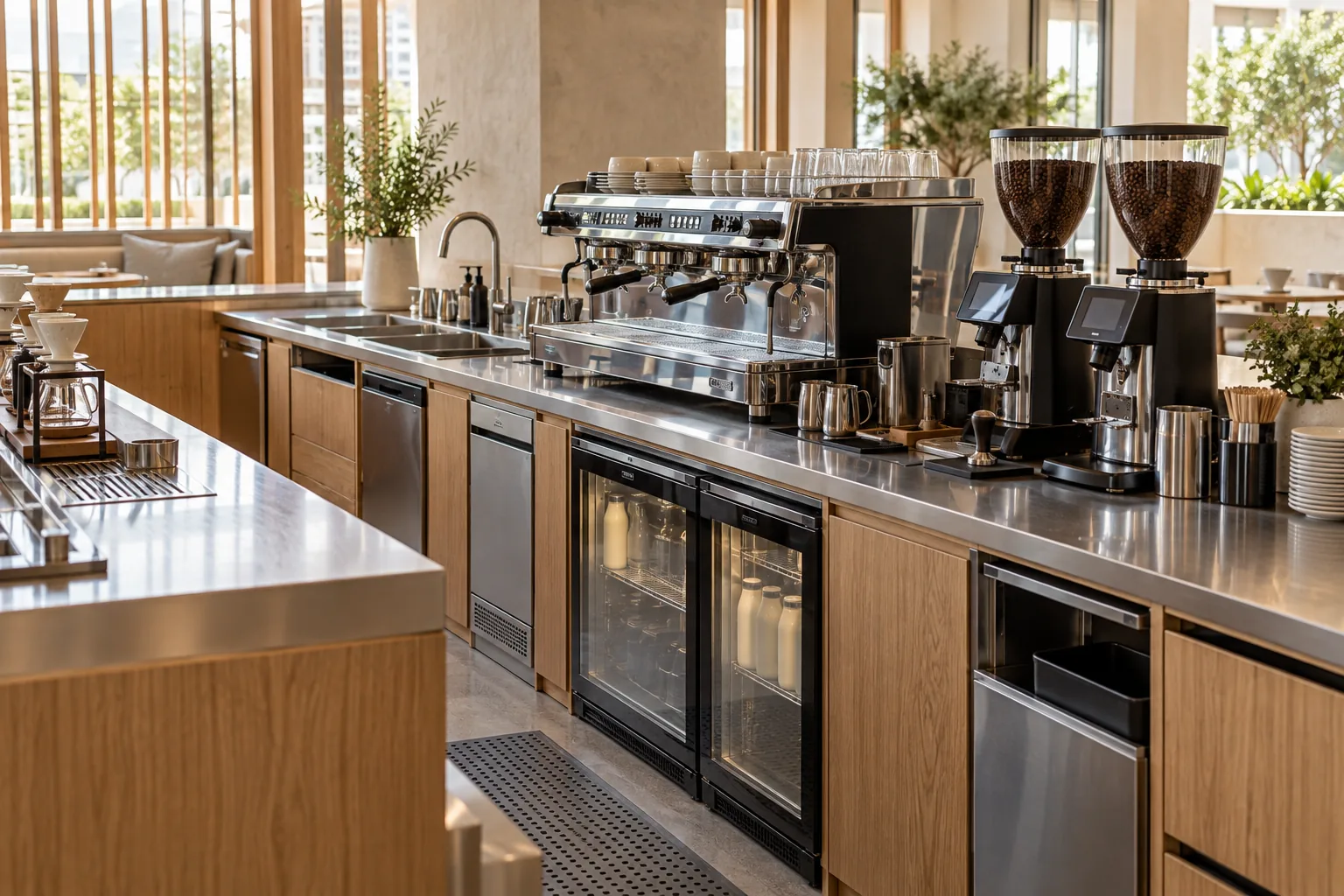 Concept cafe preparation counter with espresso equipment, sinks and undercounter refrigeration