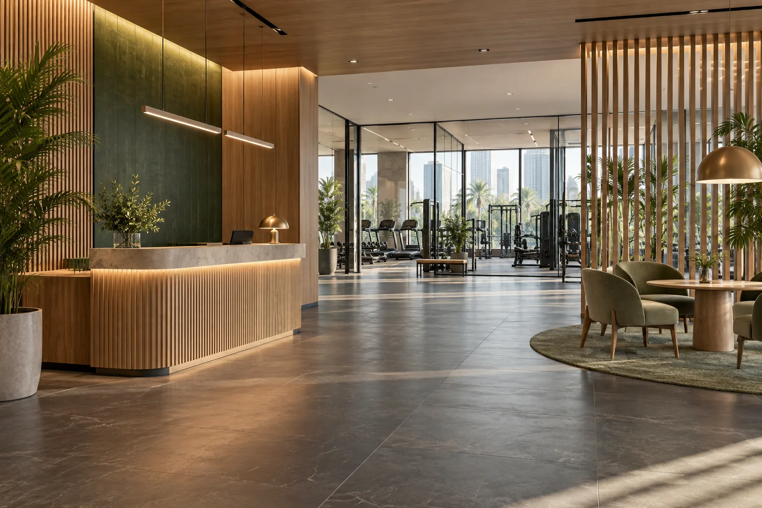Concept gym reception with welcome desk, consultation seating and clear circulation