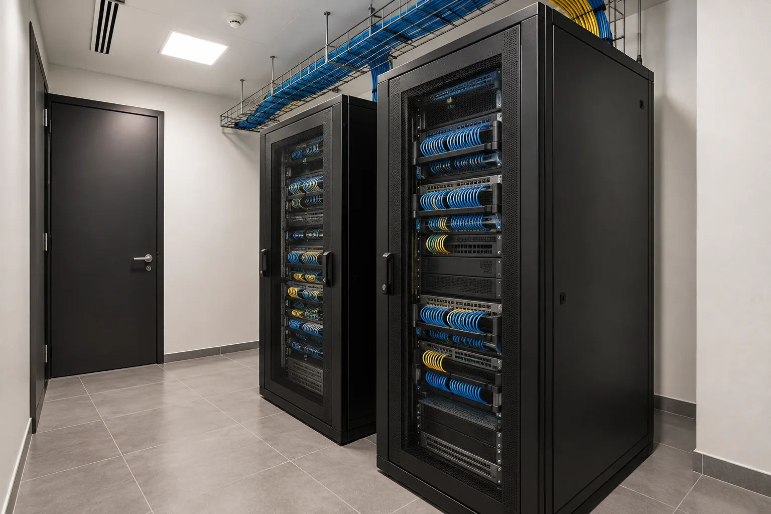 Illustrative office IT room with equipment racks, overhead cable trays and a clear service aisle