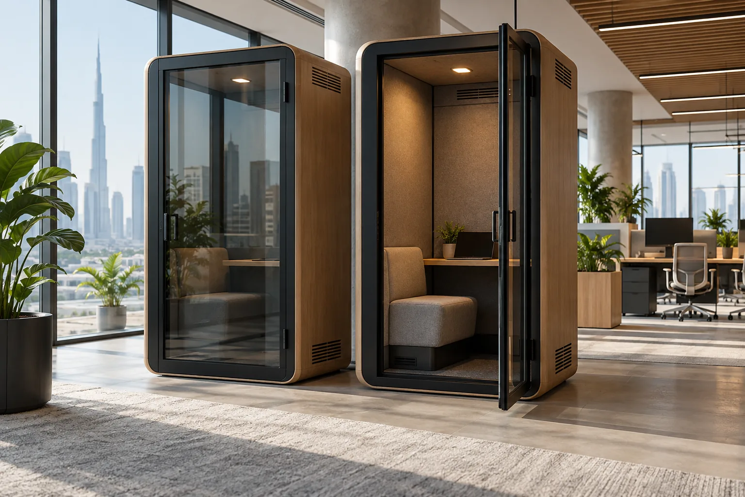 Concept office quiet zone with single-person phone pods and clear approach space