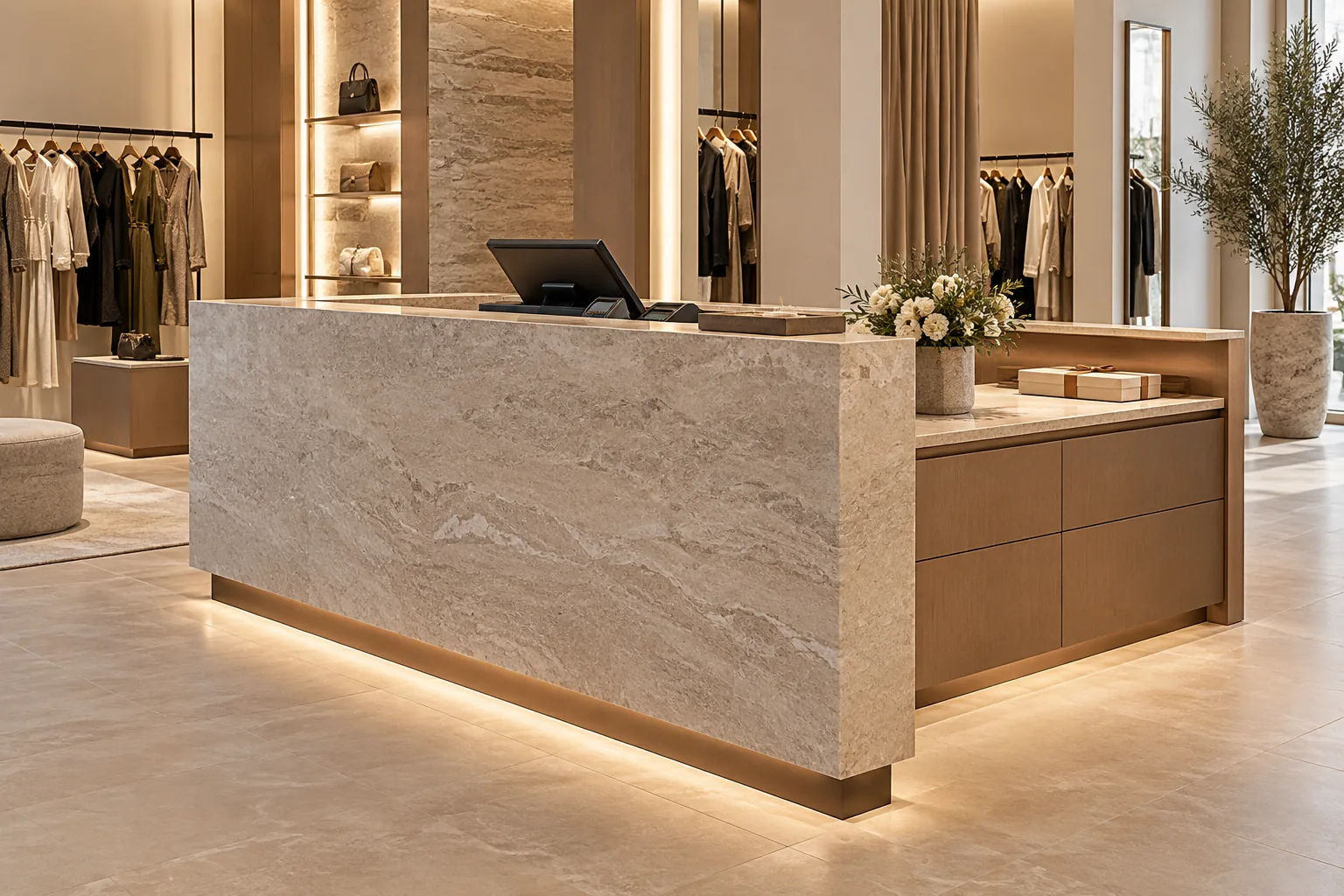 Concept boutique checkout with payment terminal, wrapping surface and integrated storage