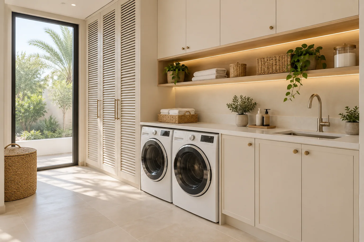 Concept villa laundry room with side-by-side appliances, folding counter, sink and storage