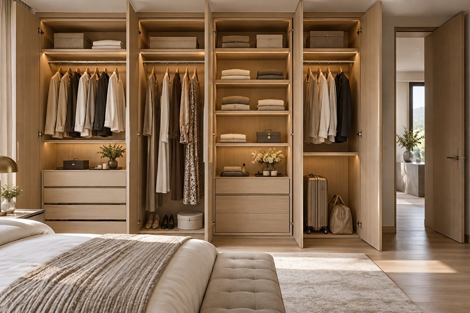 Concept built-in wardrobe showing hanging sections, shelves, drawers and integrated lighting