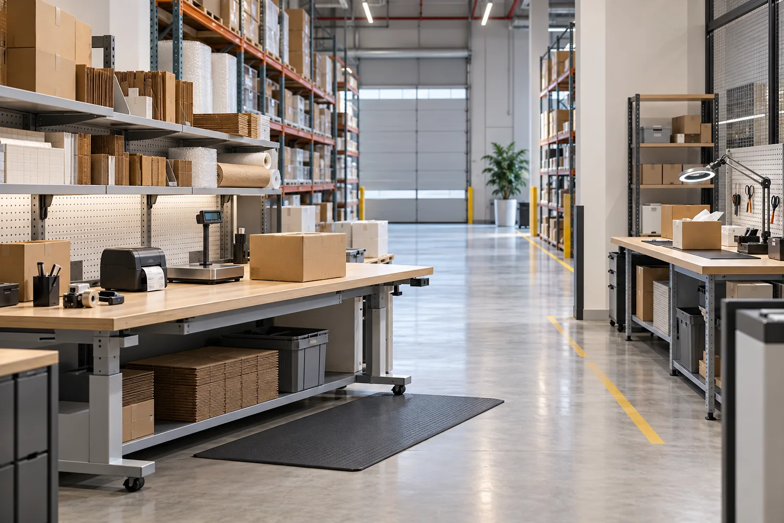 Concept warehouse packing and inspection benches with cartons, weighing and labelling equipment