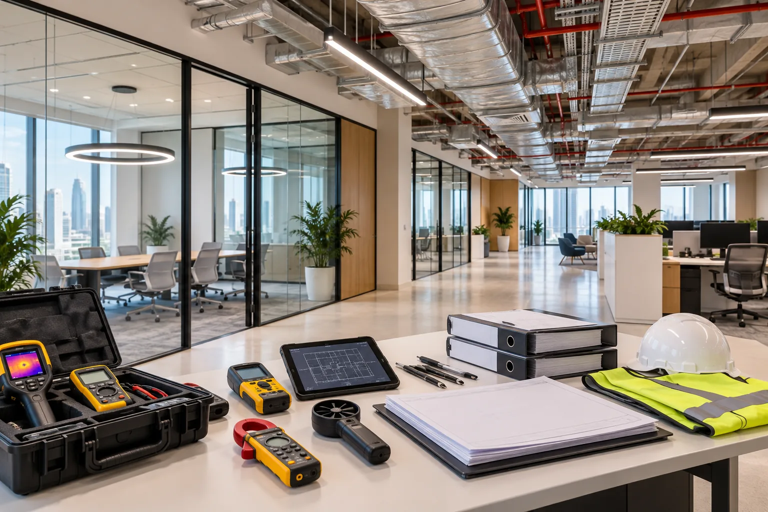 Commercial interior commissioning setup with test instruments and organised handover documents