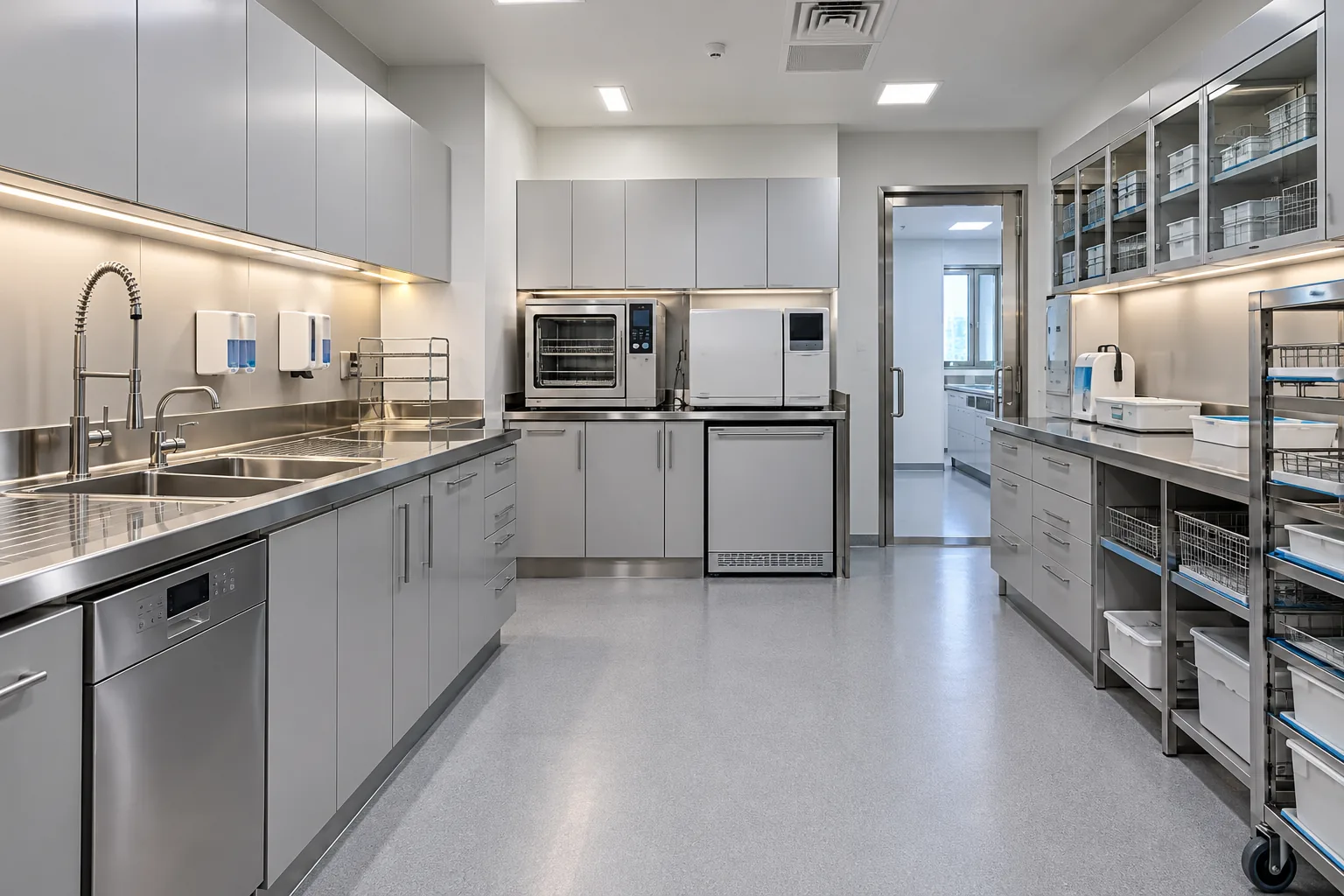 Illustrative dental decontamination support room with stainless worktops and coordinated cabinetry