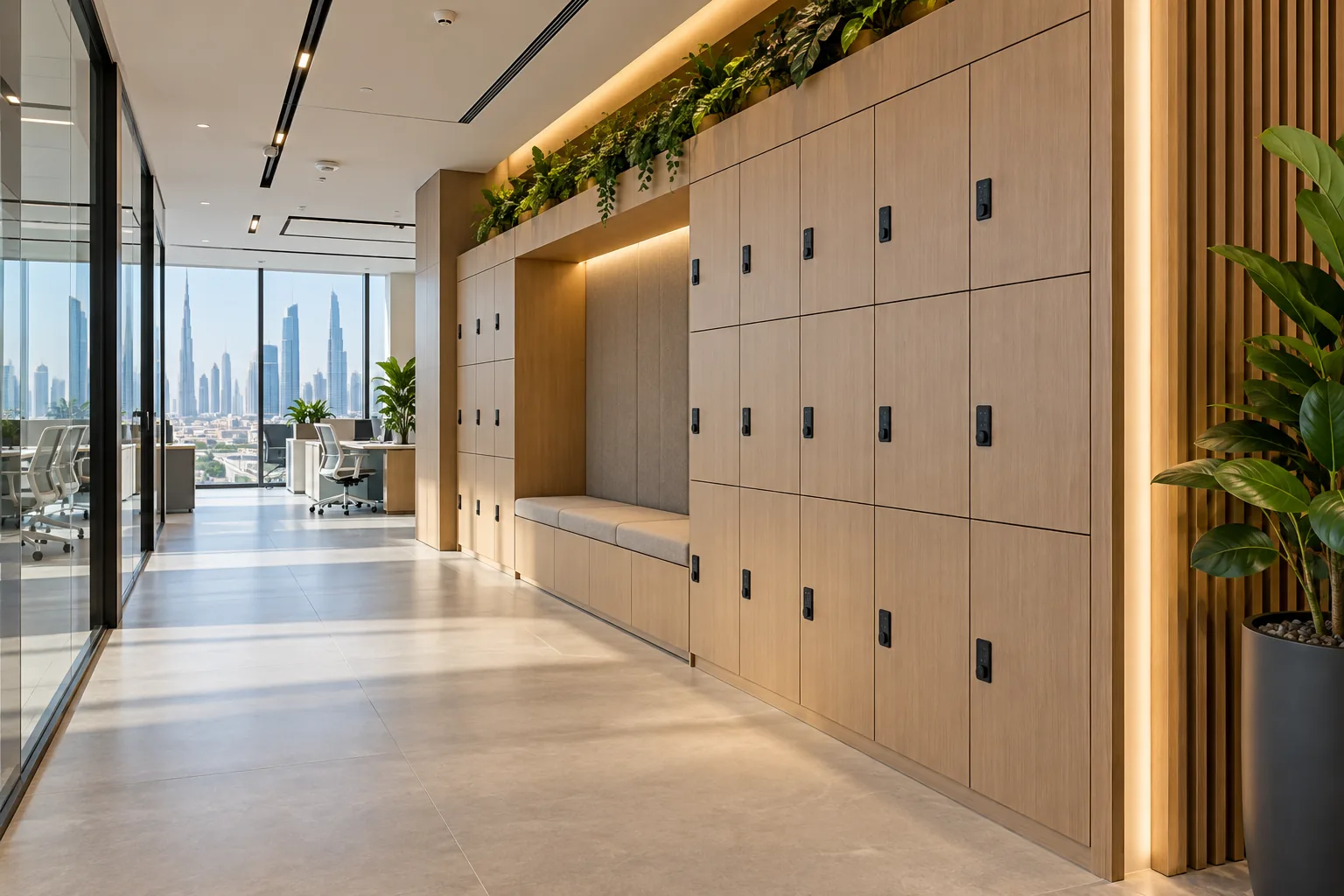 Contemporary Dubai office locker wall with integrated bench and clear circulation
