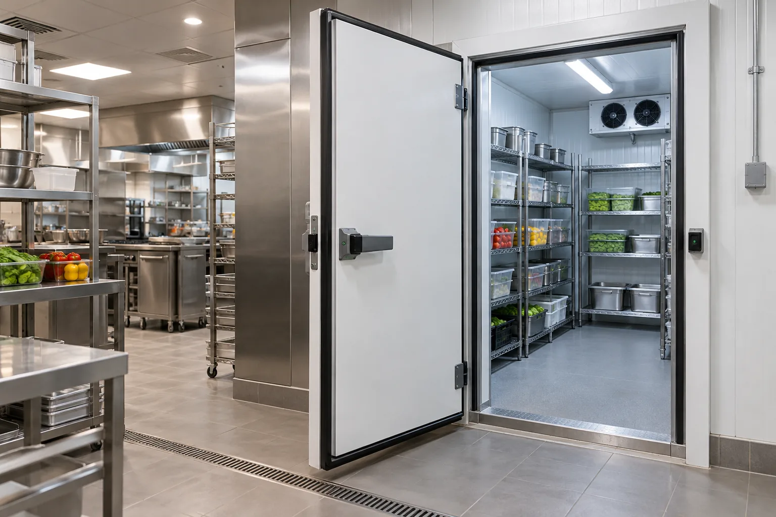 Commercial restaurant cold room entrance with organised shelving and service access
