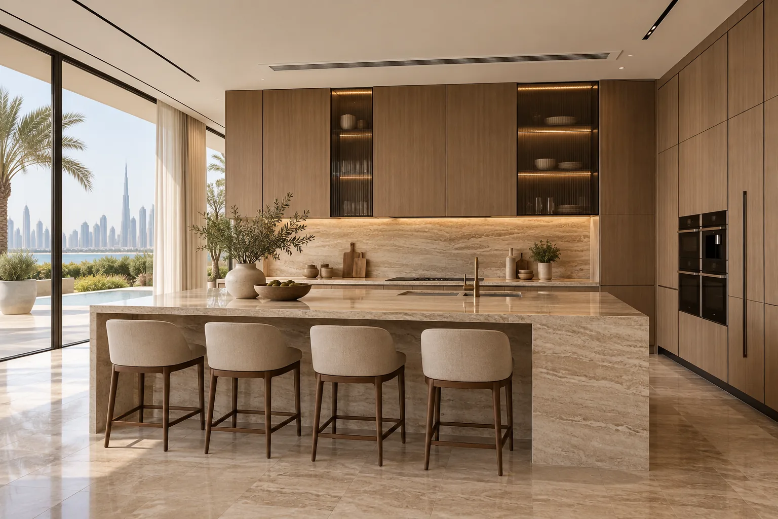 Luxury Dubai villa kitchen with integrated appliances, island and coordinated full-height joinery