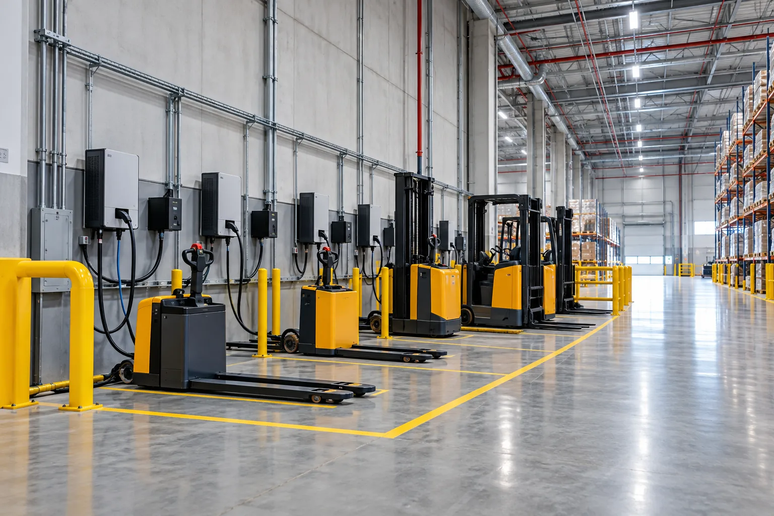 Organised warehouse material-handling equipment charging bay with barriers and clear access