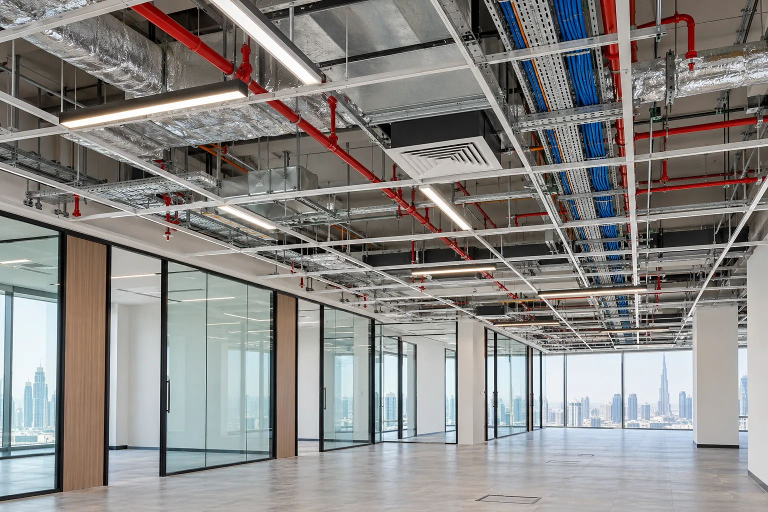 Open office ceiling with coordinated ducts, cable trays, lighting and fire-services routes