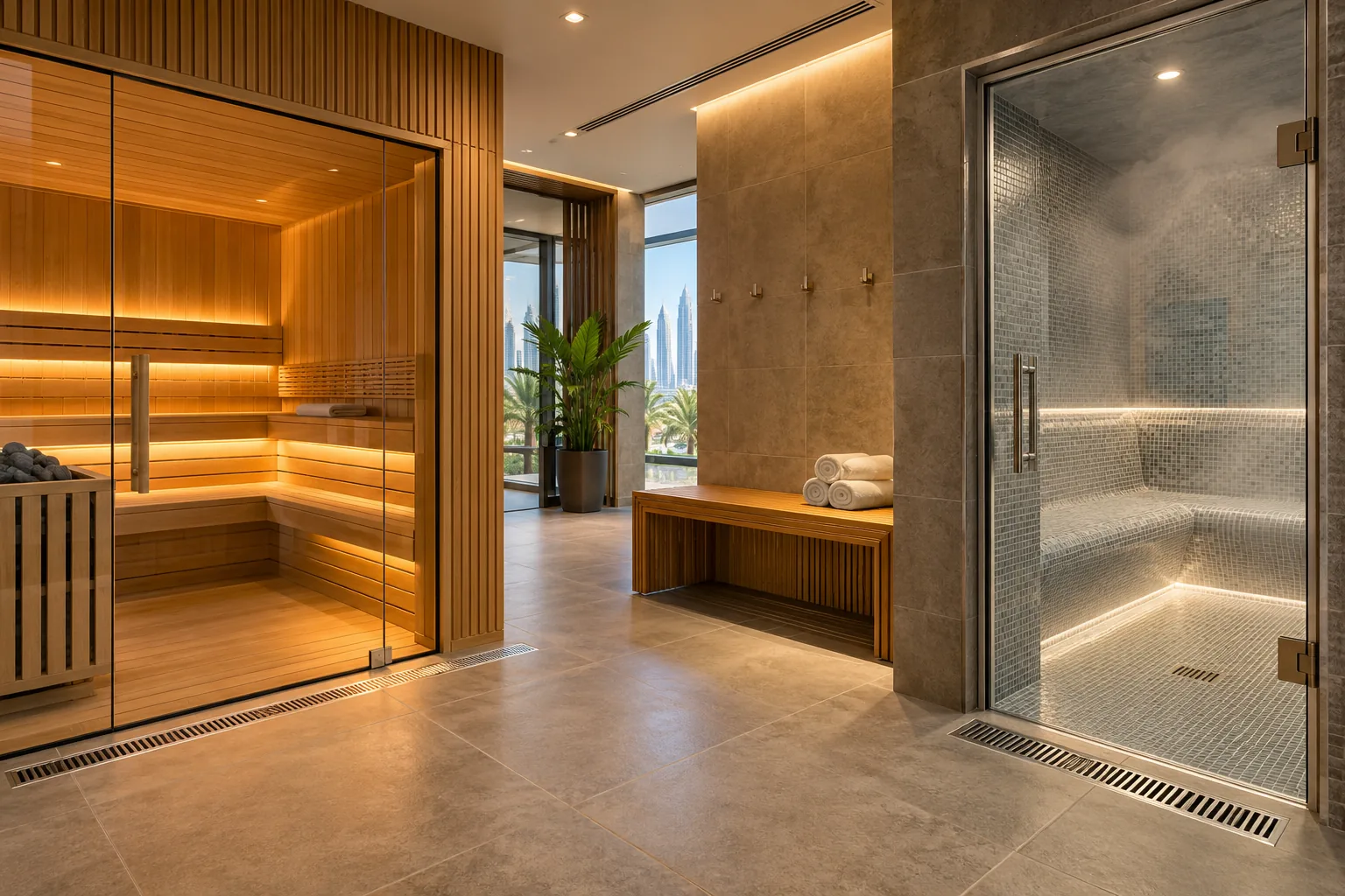 Premium gym wellness suite with sauna, steam room and coordinated wet-area threshold