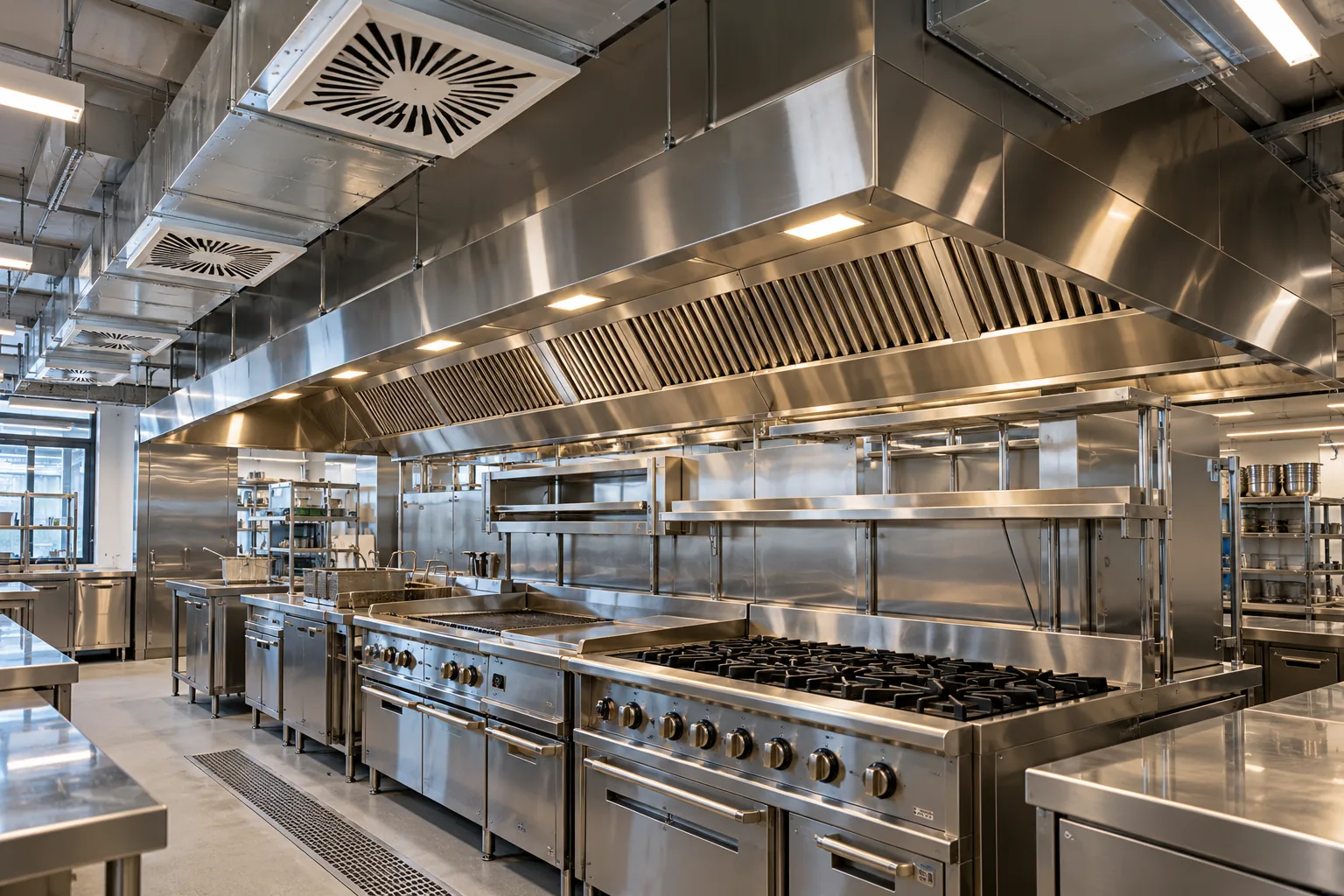 Commercial restaurant kitchen with coordinated extraction canopy and supply-air diffusers