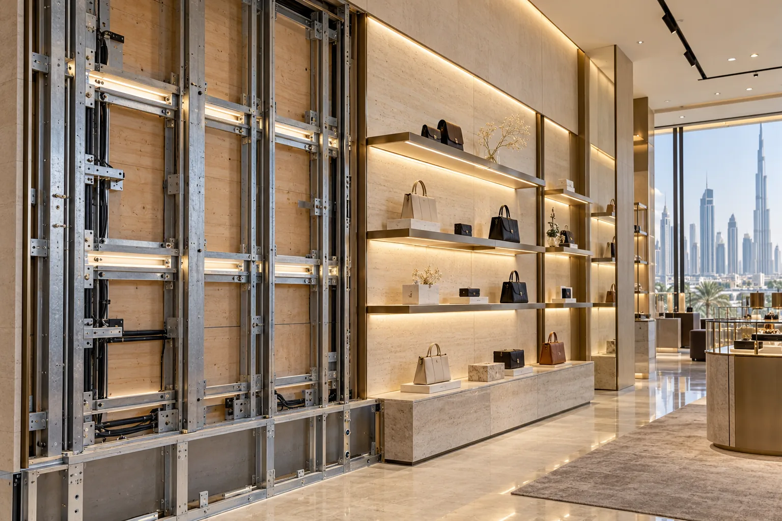Retail display wall installation showing concealed backing beside completed illuminated shelving