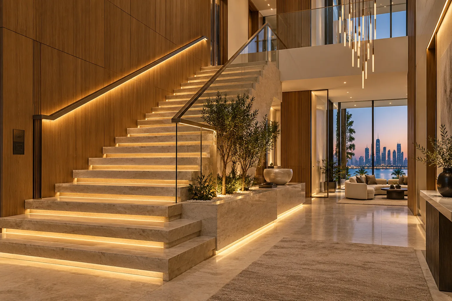 Luxury Dubai villa staircase with integrated lighting, glass balustrade and timber joinery