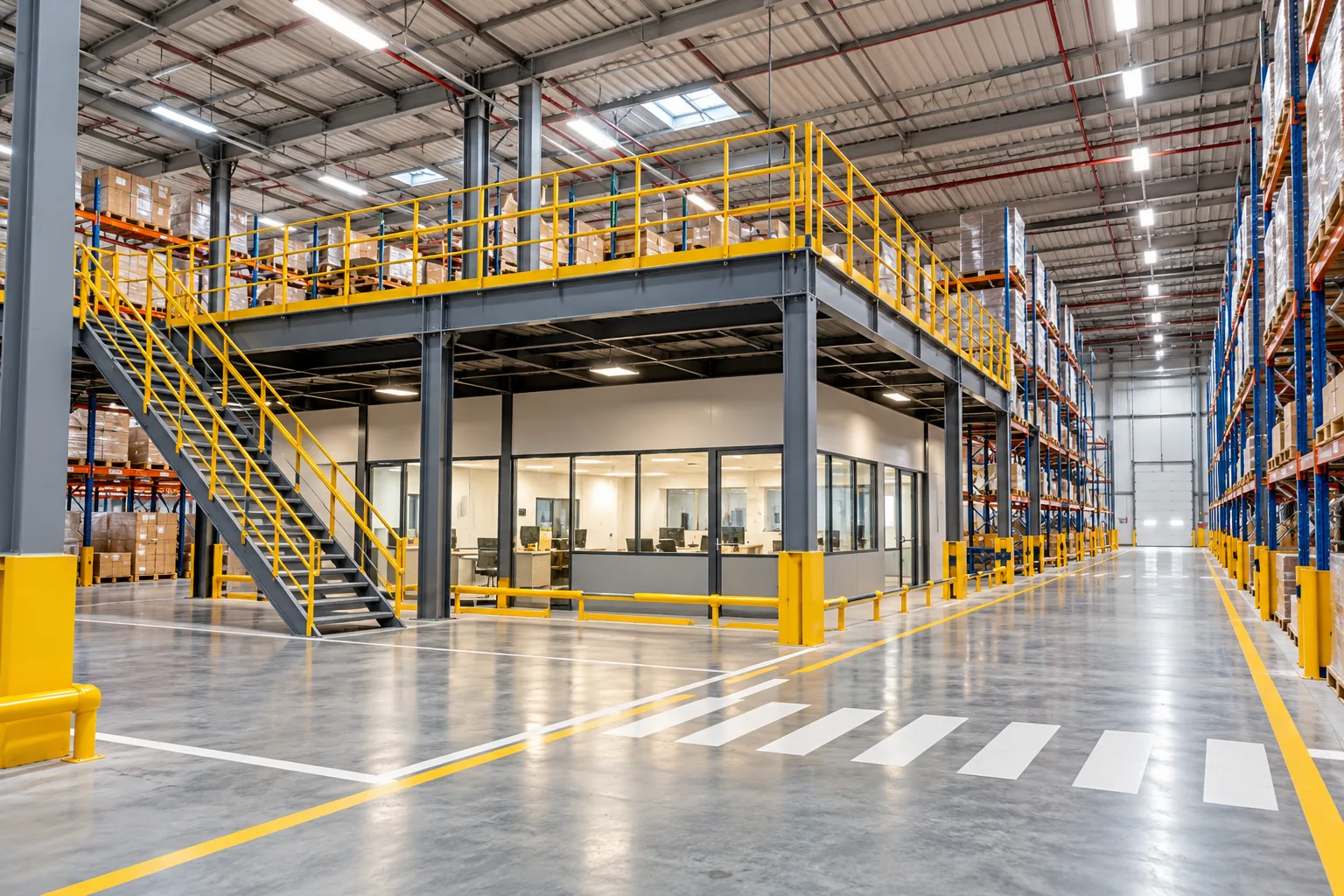 Modern warehouse mezzanine with stairs, guardrails and coordinated operational routes