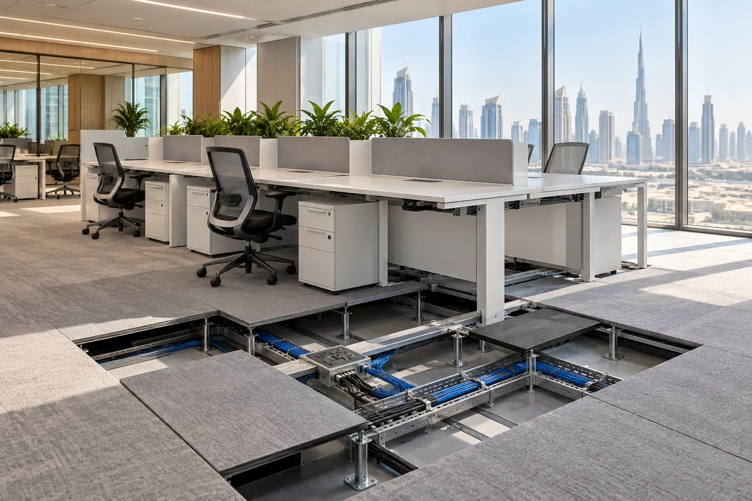 Dubai office workstations with raised-floor power and data routes coordinated below the desks