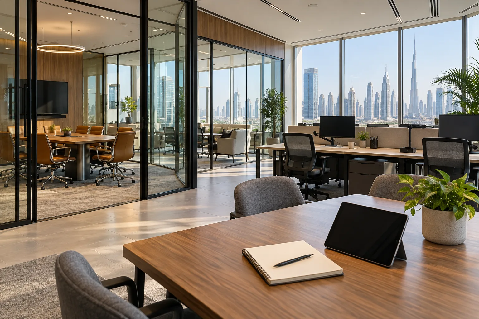 Illustrative office workplace with a notebook and tablet ready for an occupancy review