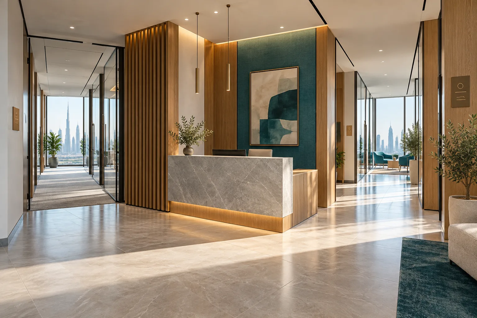 Illustrative office reception with clear corridor landmarks and room identification plaques