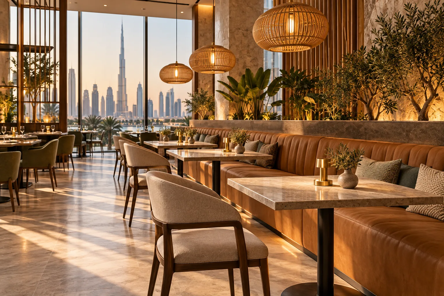 Illustrative restaurant banquette with movable tables and loose dining chairs