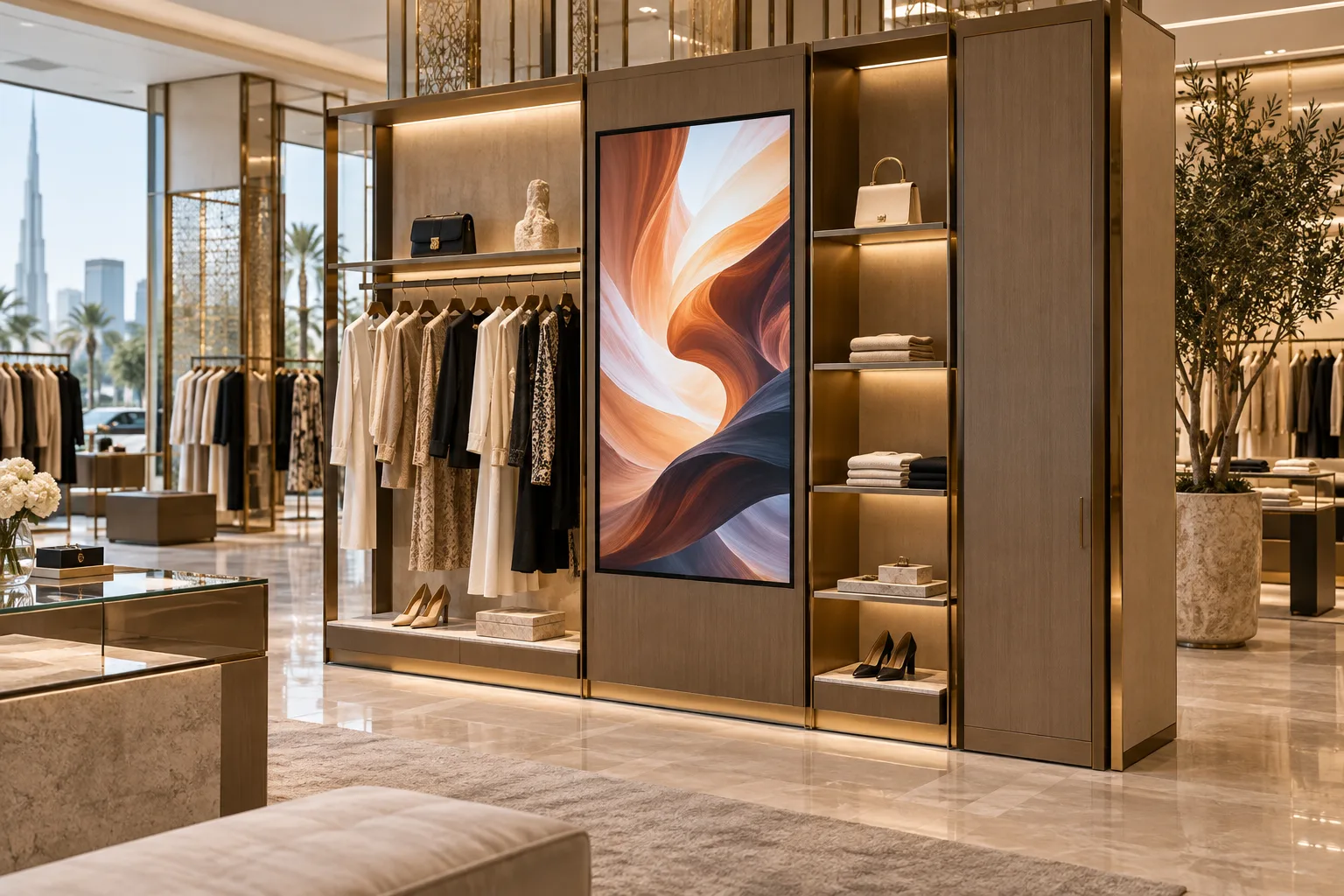 Illustrative retail digital display integrated into a merchandising wall