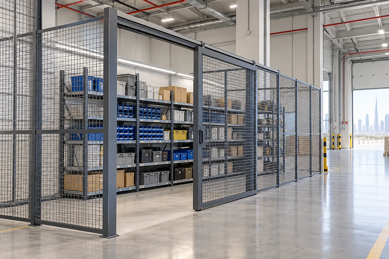 Illustrative warehouse mesh storage cage with shelving and a clear approach aisle