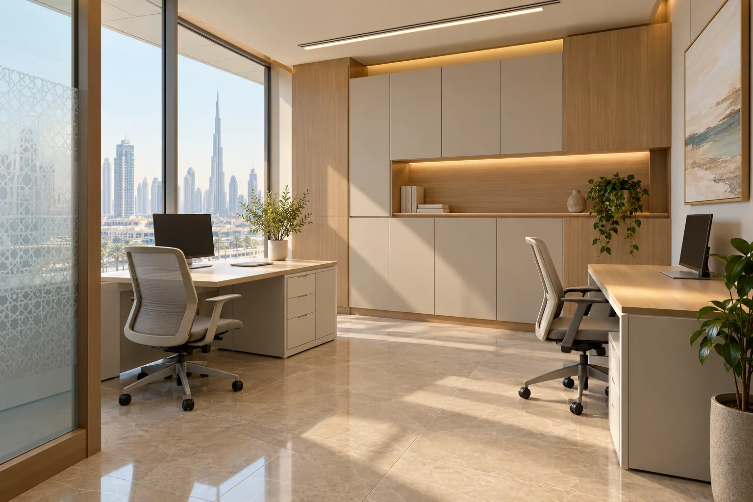 Illustrative Modern Dubai outpatient clinic staff administrative workroom, two workstations, closed document cabinets, clear desk surfaces and discreet glazing