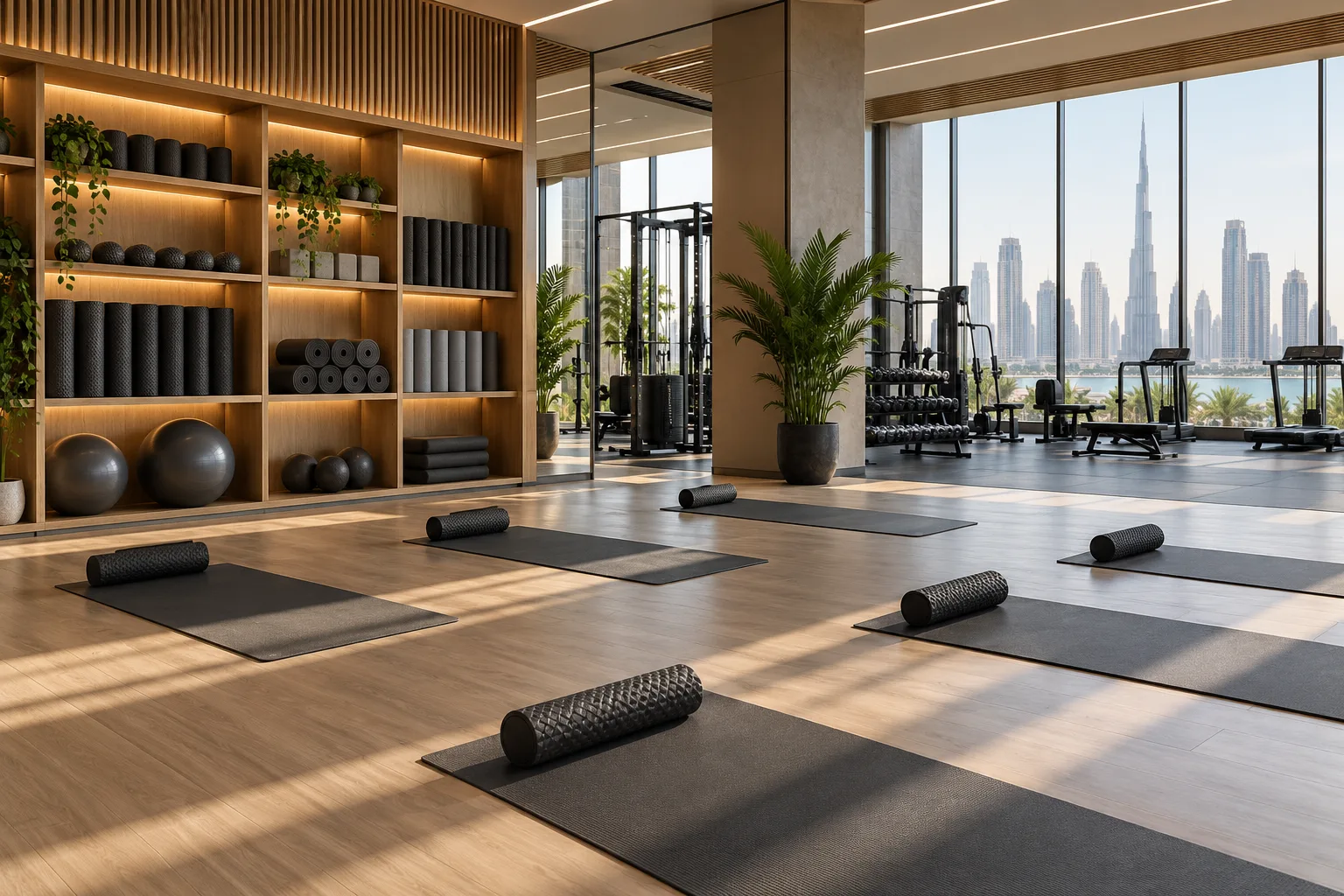 Illustrative Modern Dubai gym dedicated stretching area, neatly spaced exercise mats and storage wall with foam rollers, clear separation from exercise machines, daylight, no people