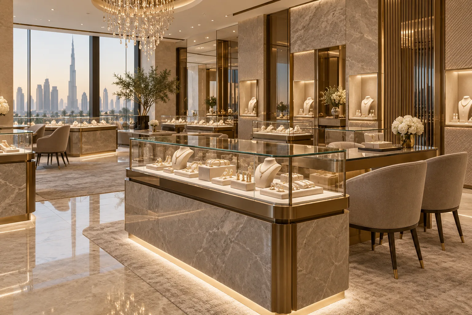 Illustrative Premium Dubai jewellery showroom with secure glass display counters, subtle integrated lighting, consultation chairs and elegant stone finishes, no visible branding