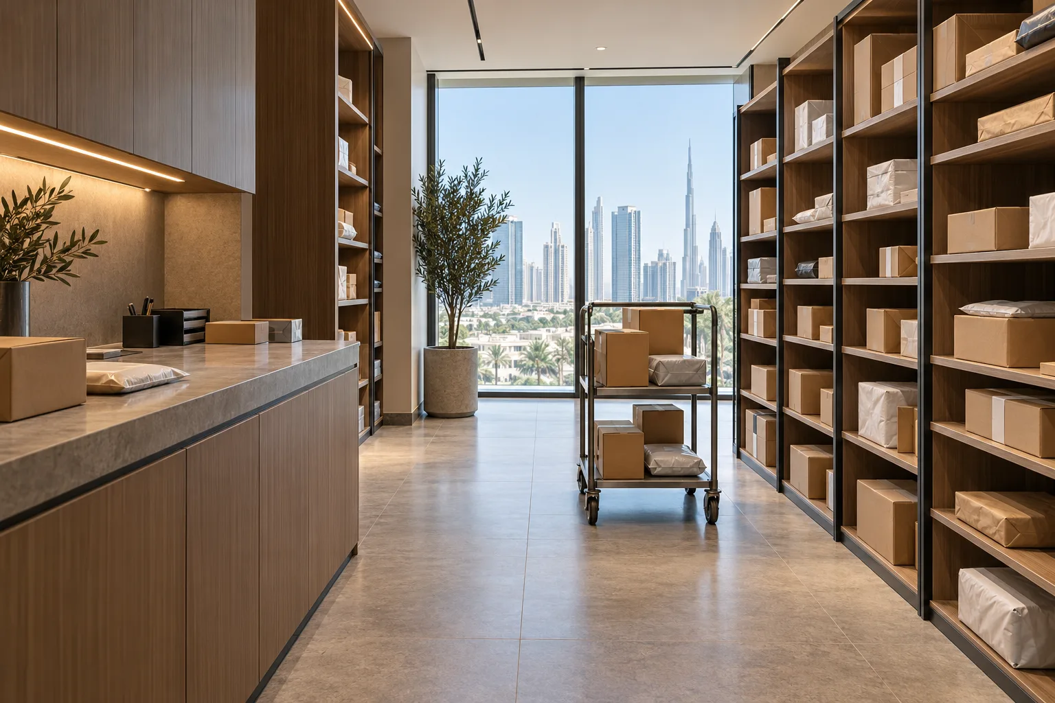 Illustrative Compact premium Dubai office mail and parcel room with organised open parcel shelves, small sorting counter and clear trolley aisle