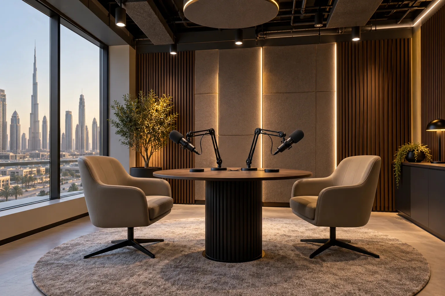 Illustrative Professional corporate podcast recording room in Dubai, two microphones at a small table, acoustic wall finishes, soft studio lighting, ceiling services and neatly managed cables