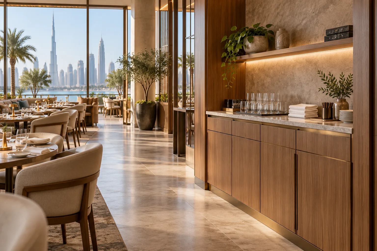 Illustrative Elegant Dubai restaurant waiter service station, built-in timber cabinet with closed storage and tidy countertop with water glasses and napkins, adjacent dining tables, clear aisle
