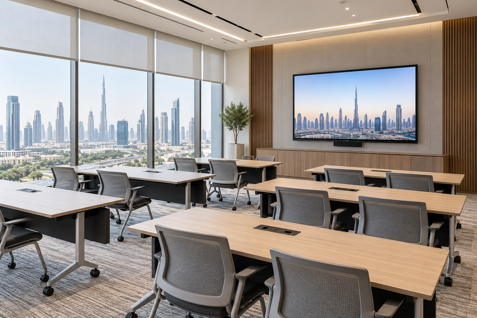 Illustrative Dubai corporate training room with movable classroom tables, chairs, a large presentation display, tidy power provision and daylight blinds