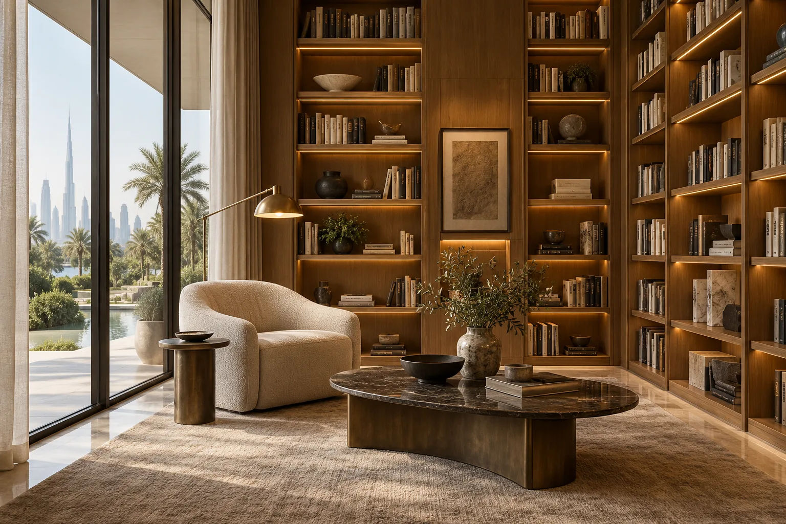 Illustrative Refined Dubai villa home library with full-height oak bookshelves, a comfortable reading chair and warm task light, shaded daylight and quiet luxury materials
