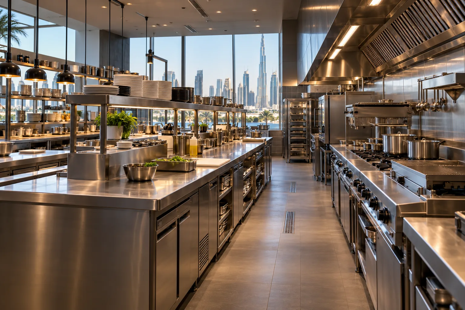 Illustrative Contemporary Dubai restaurant commercial kitchen with an organised stainless preparation line