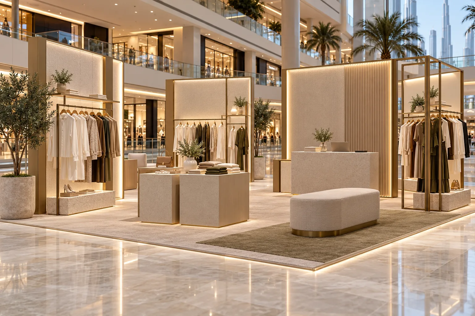 Illustrative Elegant modular fashion pop-up store inside a Dubai shopping mall