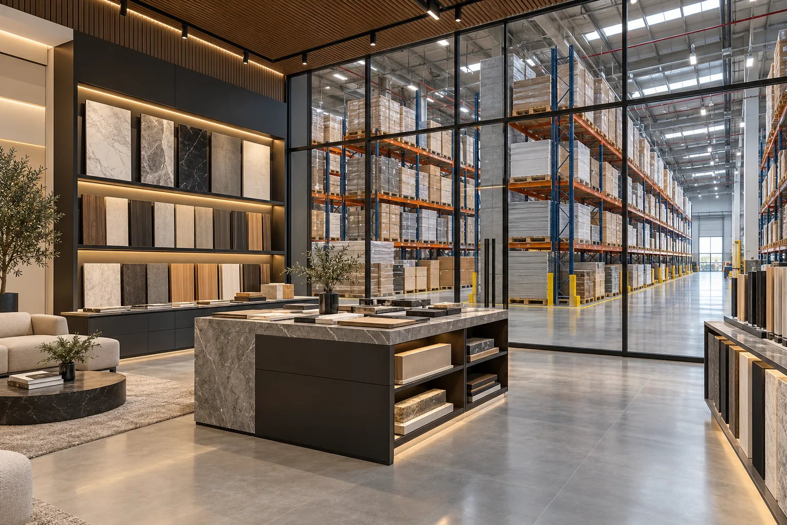 Illustrative Dubai industrial warehouse with an enclosed premium product showroom at the front and warehouse shelving visible beyond a glazed partition
